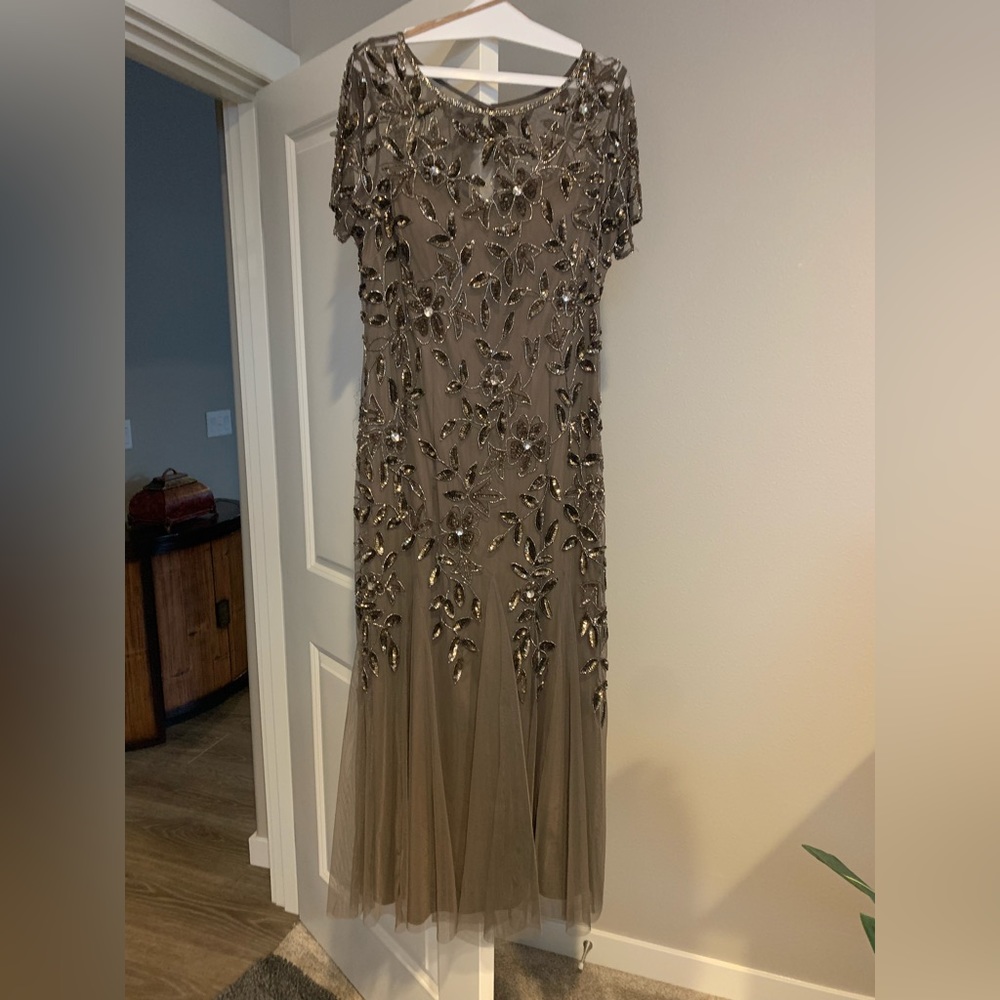 Adrianna Papell Beaded Dress Size 14 in Mocha